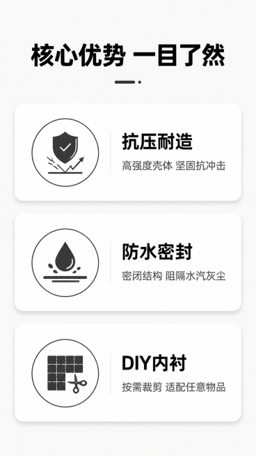 [第2屏] 核心卖点总览，多功能安全防护箱三大核心优势展示。本屏使用产品文字信息排版，搭配简约图标。
[氛围/风格] 简约专业电商风，信息清晰直观，符合京东平台严谨调性。
[元素布局] 顶部主标题区，预览效果