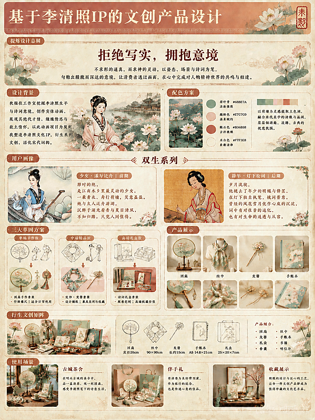 在这张展板的顶部主标题下方，新增一个"提炼设计总纲"板块，放在主标题与设计背景/配色方案之间，作为通栏横向模块。

板块标题："提炼设计总纲"
核心标语（大字突出）："拒绝写实，拥抱意境"
正文内容："不求形的逼真，而求神的灵动。以姿态、场景与诗词为笔，勾勒出朦胧而深远的意境，让消费者透过画面，在心中完成对人物精神世界的共鸣与构建。"

该板块采用通栏布局，红棕色小标题条+米白色内容卡片，核心标语"拒绝写实，拥抱意境"用较大字号居中突出，正文在下方分两行或三行排布。可在两侧点缀淡雅的水墨荷花或云纹装饰，与整体国风工笔风格统一。

其余所有板块（设计背景、配色方案、用户画像双生系列、三大草图方案、产品展示、衍生文创矩阵、使用场景）的内容和位置保持原样不变，仅整体向下推移为新增板块腾出空间。

保持整体国风工笔风格、米白底色、藕粉青绿赭石配色体系不变。画面中所有信息区域必须填充完整合理的内容，不得出现空白框。

画面中必须完整呈现以下文字：
"提炼设计总纲"
"拒绝写实，拥抱意境"
"不求形的逼真，而求神的灵动。以姿态、场景与诗词为笔，勾勒出朦胧而深远的意境，让消费者透过画面，在心中完成对人物精神世界的共鸣与构建。"