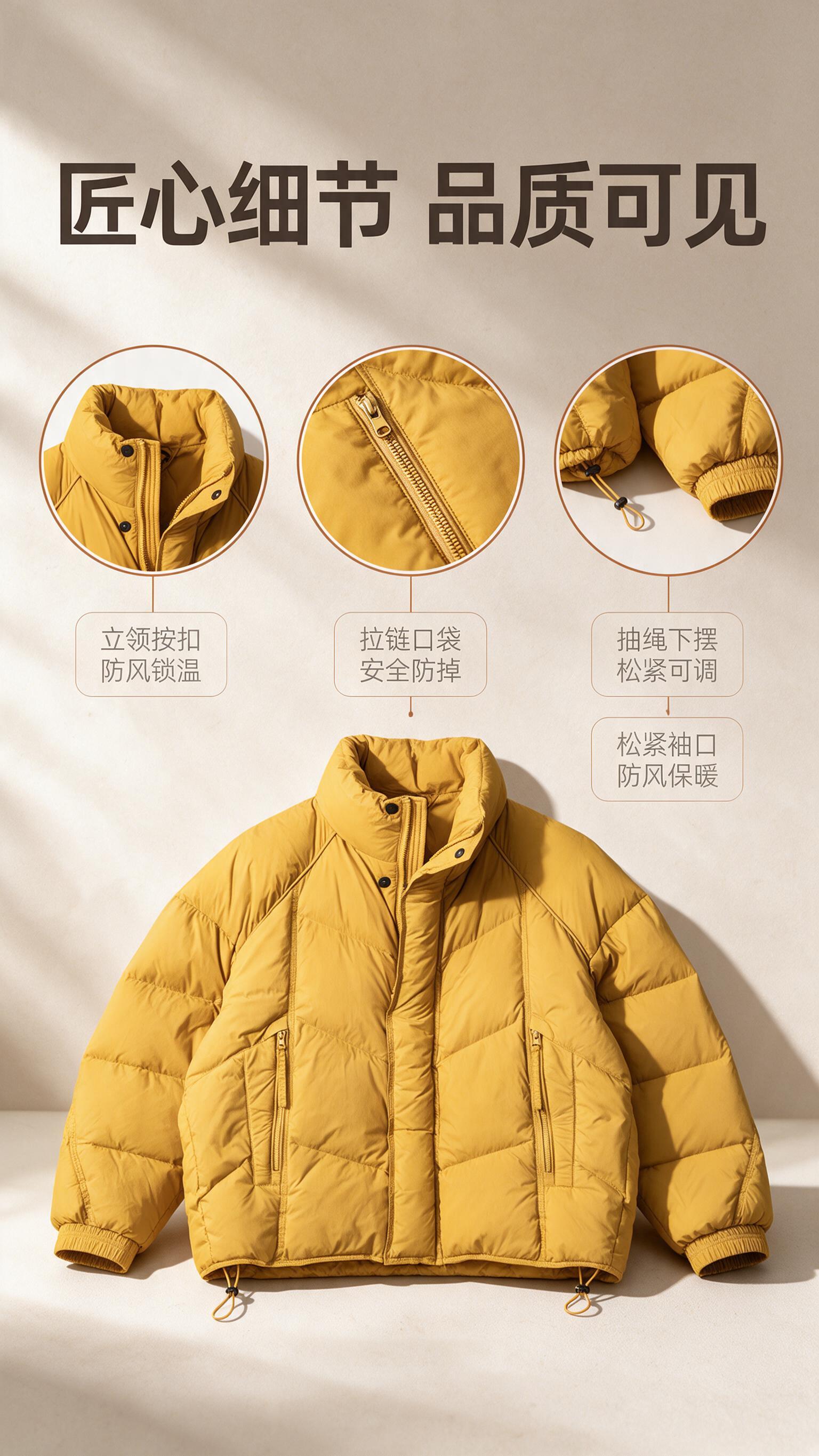 [商品] 使用【图1】姜黄色立领短款羽绒服；商品处理：保留立领… - 图片创意预览