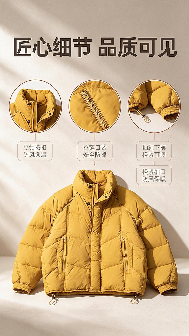 [商品] 使用【图1】姜黄色立领短款羽绒服；商品处理：保留立领、按扣门襟、插肩袖、拉链斜插口袋、下摆抽绳、松紧袖口、姜黄色和羽绒蓬松面料；自然去除衣身杂乱褶皱与压痕，理顺版型，增强羽绒蓬松感、面料纹理、缝线、拉链和五金质感，不改变版型和结构。
[画面] 目标：细节工艺页，放大五金与做工细节。构图：上方大标题，下方3个圆形/方形细节放大框横向排列，分别展示：立领按扣门襟、拉链口袋细节、下摆抽绳与松紧袖口；底部配羽绒服整体平铺小图。景别：细节特写+平铺全景。前中后景：浅米色质感台面、羽绒服平铺、柔和投影。
[视觉] 套系策略：风格=韩系简约高级商业摄影；标题字=现代无衬线粗体；正文字=简洁无衬线体；主色=姜黄暖橘；背景延展=基于暖米白做深浅层级、同色渐变和细腻纸张/织物质感；强调色=焦糖棕，仅用于小面积图标、引线和标签；标题色=深炭棕；正文色=中暖灰；组件=圆角浅底信息卡、细线引线；光影=左前侧暖柔光，柔和自然阴影。
[文字] 顶部主标题"匠心细节 品质可见"，每个细节框下方配小标题："立领按扣 防风锁温""拉链口袋 安全防掉""抽绳下摆 松紧可调""松紧袖口 防风保暖"；文字全部横排，字号清晰可读。
[规格] 图片比例9:16竖版，分辨率2K，避免变形、错字、文字过小、冷蓝/蓝灰背景、衣服颜色改变、版型失真、极限词。