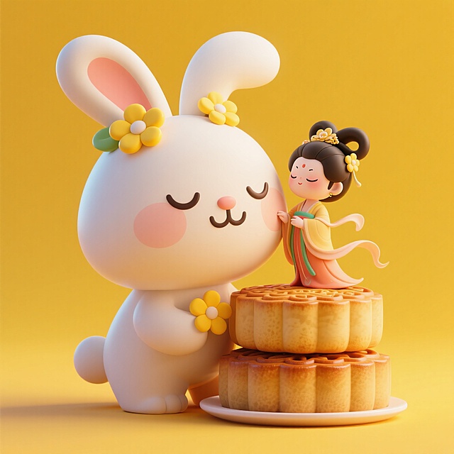 3D卡通风格，可爱兔子与中式古装少女相伴，共赏中秋月饼，温馨节日氛围。