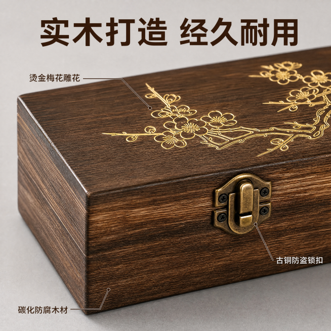 [主图-2] 材质细节展示主图
[氛围风格] 质感特写，真实可信
[画质] 商业摄影微距特写，纹理清晰，画质高级
[元素] 特写收纳盒边角、锁扣和雕花细节，展示碳化木纹理、烫金雕花工艺、古铜锁扣做工。预览效果