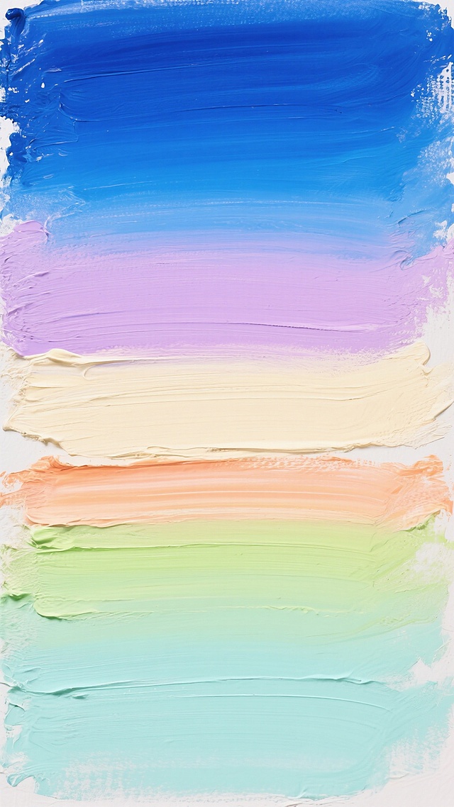 油画质感的抽象背景，画面上方为深邃的靛蓝色与明亮的天蓝色笔触交融，过渡到柔和的粉紫色块，中间区域以温暖的米黄色和淡橙色为主，带有明显的横向笔触纹理，下方则是清新的浅绿色与薄荷色交织，整体色彩柔和渐变，笔触厚重且富有肌理感，色彩层次丰富，营造出宁静而充满希望的氛围，画布纹理清晰可见，无任何文字或图案元素。