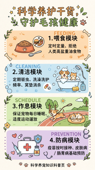 科学养宠知识科普页，主标题"科学养护干货，守护毛孩健康"，分四大竖栏模块从上至下排布：喂食模块文字"定时定量、拒绝人类高盐重油食物"配饭碗简笔画图标；清洁模块文字"定期驱虫、洗澡洗护频率、窝垫消杀"配预览效果