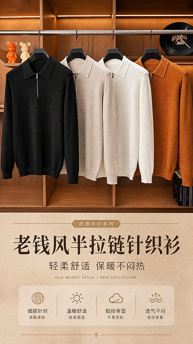 [商品] 使用【图1】黑色、【图2】米色、【图3】白色、【图4】焦糖橘色男士半拉链翻领针织衫；4件同款不同色并排陈列，保留翻领、半开金属拉链、华夫格针织纹理、罗纹袖口与下摆、长袖版型；自然去除衣身褶皱，理顺垂坠，增强针织纹理质感、金属拉链高光和缝线细节，不改变版型、颜色和结构。
[画面] 目标：老钱风轻奢风格头图海报，竖版9:16，4色同框展示产品全貌与高端调性；构图：上半部分为4件针织衫错落悬挂陈列，产品占画面60%，下半部分留白放文案；前中后景：前景高级质感衣架悬挂针织衫，中景暖调木质衣柜背景，后景柔和灯带与轻奢软装点缀（如装饰摆件、黑胶唱片）；阅读动线从上至下，整体氛围高级沉稳有质感。
[视觉] 套系策略：风格=老钱风国际轻奢大牌感，休闲高级商业摄影；标题字=现代衬线粗体，优雅有质感；正文字=简洁无衬线体；主色=深驼棕+米杏色；背景延展=基于深驼棕与米杏做深浅层级、同色渐变和细腻木质/织物质感；强调色=古铜金，仅用于小面积图标、引线、标签和装饰线；标题色=深炭棕；正文色=暖灰棕；组件=细线引线、圆角浅底信息卡、复古质感标签；光影=左前侧暖柔光，柔和阴影，高级影棚质感。
[文字] 主标题"老钱风半拉链针织衫"，副标题"轻柔舒适 保暖不闷热"，辅助英文"OLD MONEY STYLE / NEW COLLECTION"；文字位于画面下半部居中偏上，主标题最大，副标题次之，英文最小；不遮挡针织衫主体、领口和拉链。
[规格] 图片比例9:16竖版，分辨率4K，质量medium；避免变形、错字、文字过小、冷蓝/冷灰背景、衣服颜色改变、版型失真、极限词、平台Logo水印。