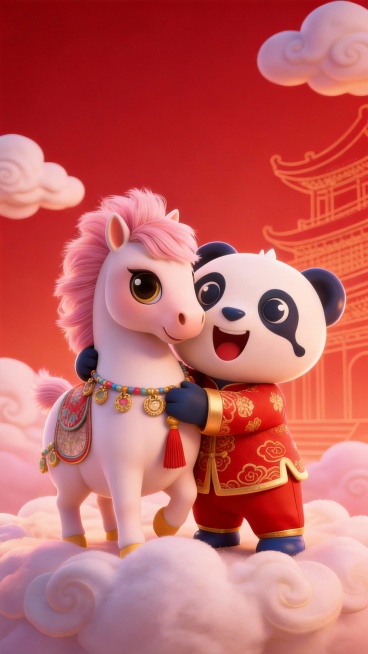 5张连贯分镜图，适配15秒马年新年短片，皮克斯风3D动画整体为喜庆红金粉暖色调:第一张是穿着红色汉服和裤子的熊猫抱着粉色萌马，背景有祥云和古建筑轮廓；
第二张是熊猫骑上马，马蹄大透视特写，准备飞翔的动预览效果