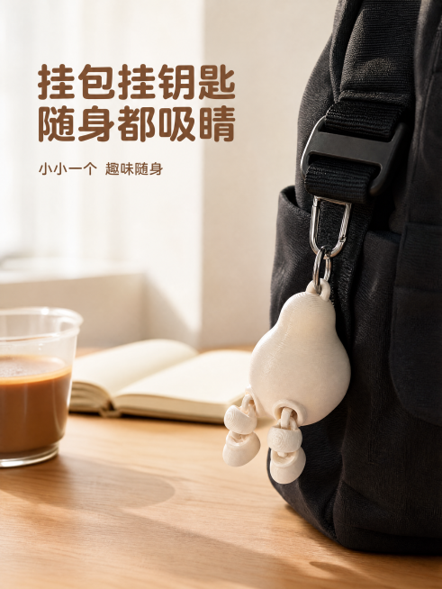 [第3屏] 使用场景展示屏-鸭梨手机挂件挂包使用场景展示。本屏使用【图1】作为商品主体，保持产品造型、结构、颜色与原图一致。
[氛围/风格] 日常通勤氛围感，真实实拍质感，自然温馨，活泼有趣。
[元素预览效果