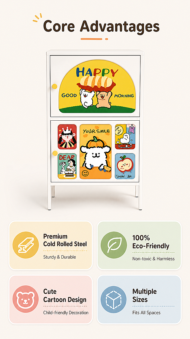 [第2屏] Core Selling Points - Cold Rolled Steel Cartoon Storage Cabinet.  
[氛围/风格] Clean professional layout, highlight selling points, minimalist cross-border e-commerce style.  
[元素布局] Place the product appearance at the top, keep the cabinet shape and cartoon pattern consistent with the original image, and place four core selling point cards at the bottom. Each card corresponds to an advantage, which is clear at a glance.  
[光影质感] Even soft light, clear contrast, soft shadow, all text and product details are clearly visible.  
[配色色系] Global background #F5F0EB, main cabinet white, four selling point cards use different macaron colors, overall fresh and coordinated.  
[视角构图] Upper product lower information layout, clear level.  
[文字版式] Top title "Core Advantages", four selling points at the bottom: 1. "Premium Cold Rolled Steel" - Sturdy & Durable; 2. "100% Eco-Friendly" - Non-toxic & Harmless; 3 "Cute Cartoon Design" - Child-friendly Decoration; 4. "Multiple Sizes" - Fits All Spaces. All in English, clean layout, each selling point independent, text does not overlap with product.  
[比例分辨率] 9:16 vertical ratio, 4K resolution, clear text.  
[负向提示词] Deformed product, wrong structure, Chinese characters, messy layout, text blurry.