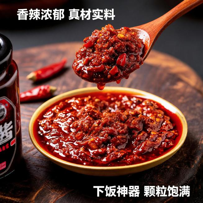 香辣酱商品主图，展示香辣酱用勺子舀起的特写，突出酱料内含真辣椒的颗粒质感，卖点香辣浓郁下饭，棕色食欲氛围，深色背景，电商淘宝1:1主图风格，微距美食摄影，暖棕色，高油光质感预览效果