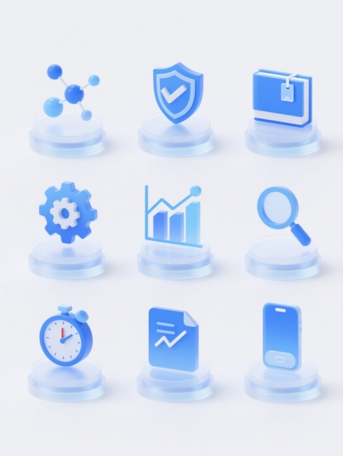 一组9个规整排布的系列UI图标素材集合，每个图标均为圆形柱台体透明玻璃作为底座，内部包含不同造型的蓝色系金融科技相关元素，如分子结构、带勾号的盾牌、带标签的书本、柱状图表、带放大镜的折线图、设置的齿轮预览效果