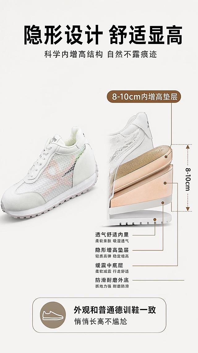 「图片1」，生成详情页，商品名称为德训鞋，卖点网面透气，隐形增高8-10厘米，适配淘宝/天猫平台，单图比例为9:16，需求屏数为8张。