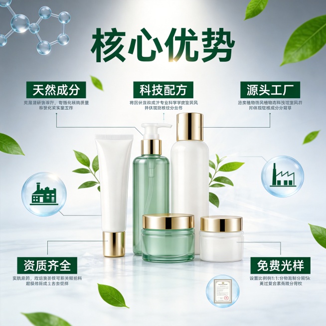 [主图-2] 化妆品贴牌代加工核心优势解析图
[氛围风格] 专业科研实验室风，硬核成分背书
[画质] 超写实商业摄影质感，清晰干净，高级通透
[元素] 画面中心放置化妆品套装产品，保持产品外观和配色与预览效果