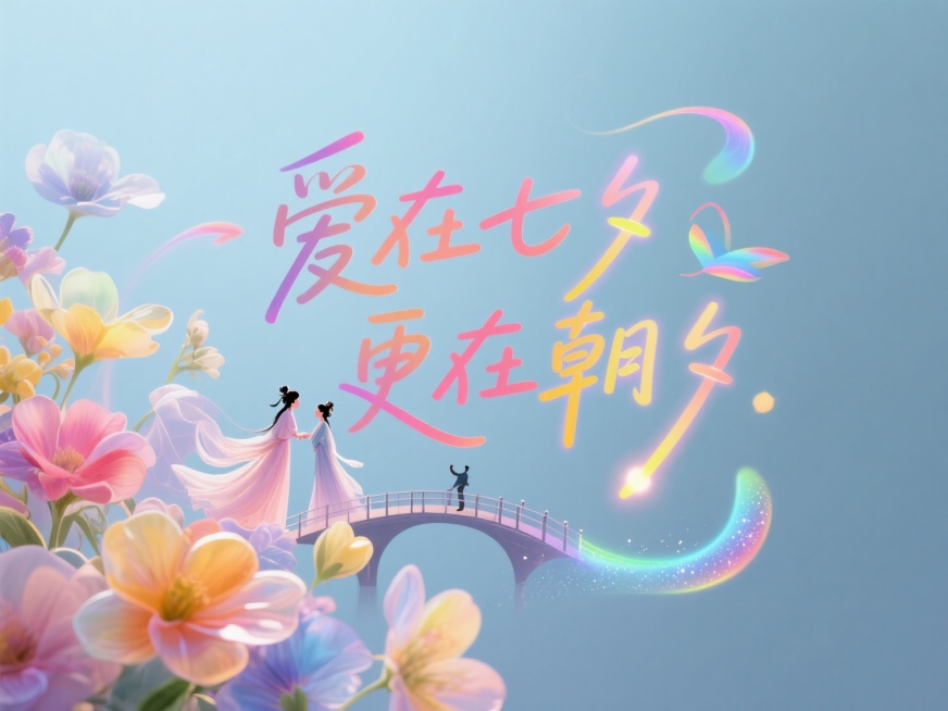 文字“爱在七夕 更在朝夕”，文字，鲜花，还有简约的鹊桥相会牛郎织女，整体高级感，青春洋溢。颜色对比要明显，颜色要活泼，梦幻的配色预览效果