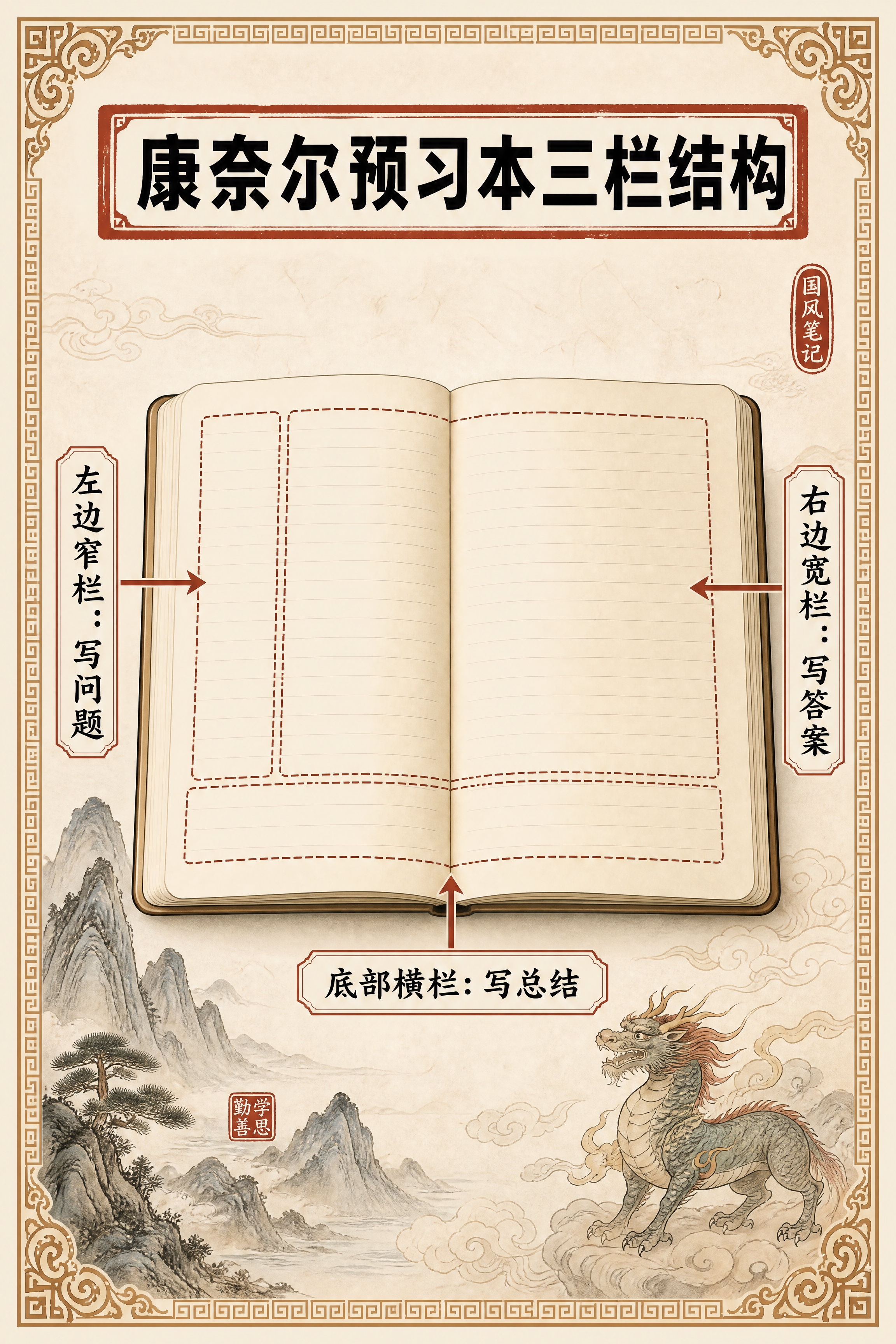 小红书笔记内页，康奈尔本整体结构展示，国风山海经风格，米黄色宣… - 图片创意预览