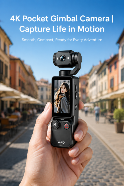Amazon A+ page main banner, professional product shot of black W&O pocket gimbal camera centered on预览效果