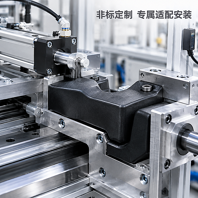 [主图-5] 应用场景图，展示异形件在非标定制设备中的专属适配安装应用。
[统一基调] 打样定制业务风，1:1正方形，背景为非标工业设备场景，整体专业真实，传递定制适配的业务价值。所有文字颜色统一为深灰色，字体为清晰端正的无衬线体，不变形不拉伸。
[画面] 实心黑色的异形PU聚氨酯零件作为专属定制件，安装在非标定制设备的特定位置中，位于画面视觉中心，主体突出。异形件与周围的金属结构精密配合，孔位对齐，曲面贴合，展示专属适配的安装状态。可以看到异形件在设备中起到缓冲、密封、支撑或导向等作用，与设备结构完美契合。背景是非标工业设备的局部场景，可以看到金属机架、气缸、导轨、传感器等非标设备元素，背景适度虚化，突出前景的PU异形件安装结构。视角为设备内部局部特写角度，能清楚看到异形件的安装方式和专属适配的配合关系。异形件与设备接触面贴合紧密，有真实的装配连接关系和定制适配感。画面上方或一侧标注深灰色文字，说明应用场景。
[光影质感] 工业设备业务摄影质感，光线为工厂内均匀的工业照明，产品光影自然融入场景。实心黑色PU异形件在设备中呈现浓郁扎实的质感，表面有环境光反射，体现定制件的精密配合特性。金属设备部分有冷硬的金属反光，与PU零件的温润质感形成对比，突出专属适配的应用价值。整体画面真实感强，业务专业感突出。
[配色] 背景以工业灰、银色金属色为主，设备结构专业。产品主体为实心黑色浓郁质感，在灰色工业背景中突出醒目。所有文字均为深灰色。整体配色为业务工业风，黑灰为主色调，专业务实。
[文字版式] 场景说明文字为深灰色无衬线粗体，字号醒目，位于画面上方或右侧的留白区域，横排排列，清晰可读，不遮挡产品主体和关键安装结构。文字内容体现"非标定制 专属适配安装"之意。所有文字清晰端正，不变形不拉伸。画面中仅出现指定的应用说明文字，不出现任何额外自动生成的文字。
[输出要求] 1:1正方形比例，2K分辨率，产品形态与首图保持一致（异形件、实心黑色），非标设备定制适配场景真实自然，安装配合结构合理，文字清晰无错字，字体端正不变形，画面干净无水印、无Logo、无多余杂物。