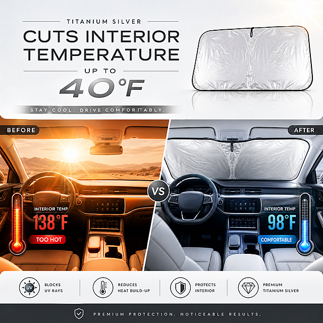 temperature comparison before and after using titanium silver car sun shade, minimalist high-end style, show it significantly reduces interior temperature, with English selling point text "Cuts Interior Temperature Up To 40°F", combination of text and image, 1:1 square, clean and advanced design