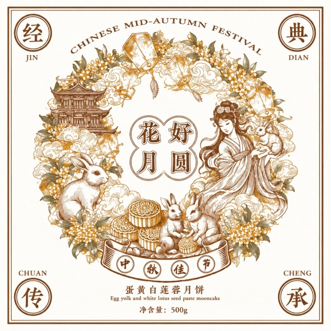 参考这张图片的复古版画线条风格和中秋圆形花环构图，重新生成同款风格的中秋月饼包装插画，保留经典国风水墨线条、棕黄色复古配色，整体为方形包装设计，布局和参考图一致，使用复古线条刻画嫦娥、玉兔、月饼、祥云预览效果