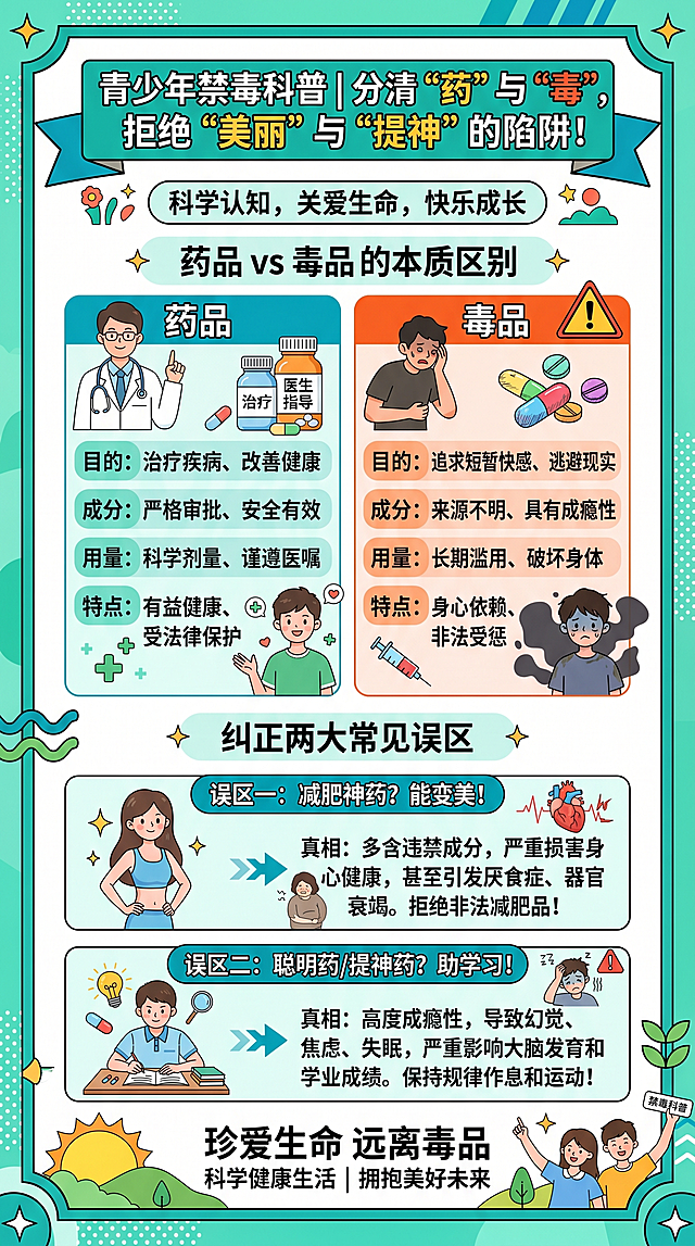 青少年禁毒教育科普图，普及药品与毒品区别知识，纠正减肥提神误区，公益科普风格设计，竖版适合小红书