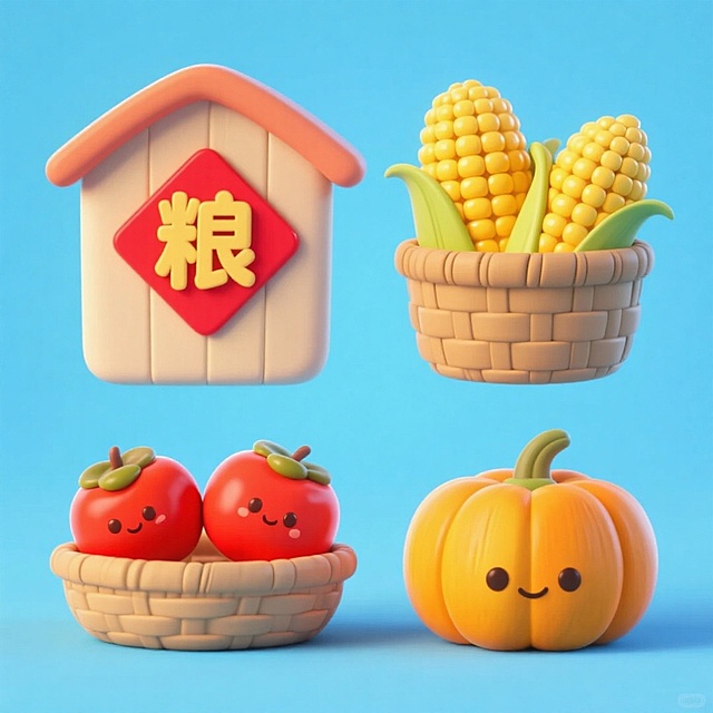 4个中秋素材组合，可爱电商促销感。素材包括：第一个粮仓（贴着带有 “粮” 字的红色菱形福字）；第二个一筐玉米；第三个一筐柿子；第四个南瓜。画面整体呈现鲜艳效果，淡蓝色背景。上下两行，排列整齐