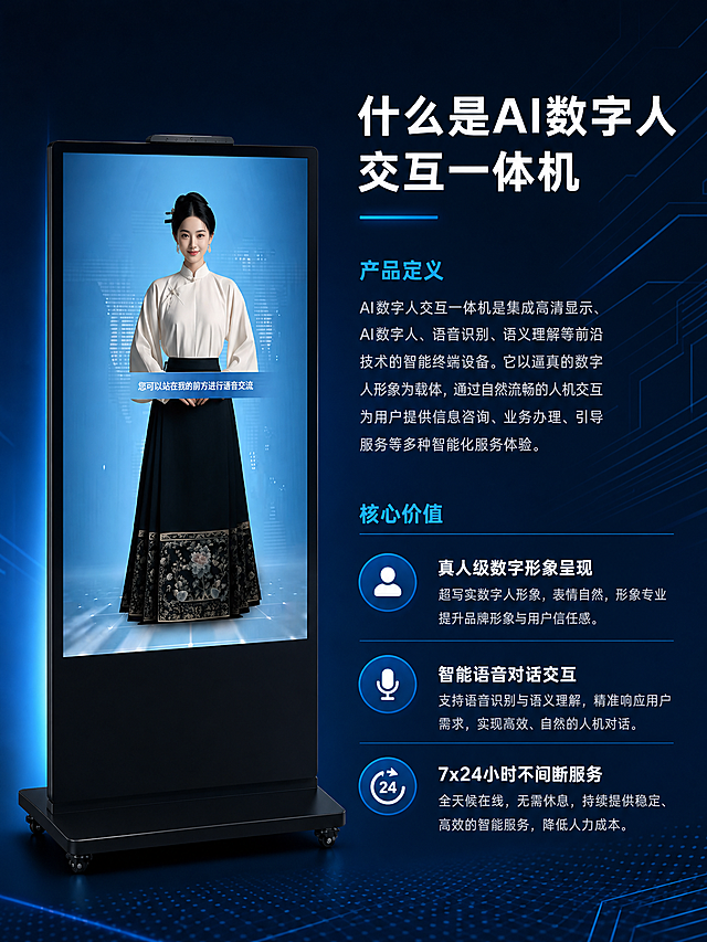 [第2张] 产品介绍页——什么是AI数字人交互一体机，产品定义与核心价值。本张使用【图1】数字人一体机作为主体。
[氛围/风格] 高端商务科技风，深蓝背景，信息清晰，专业可信。
[元素布局] 左侧放置数字人一体机产品图（黑色立式大屏，汉服女性数字人），占画面约40%；右侧为文字介绍区，包含产品定义和核心价值说明；背景有淡淡的几何线条装饰。
[光影质感] 产品左侧主光，右侧自然阴影，屏幕内容清晰，整体干净专业。
[配色色系] 全局底色 #0F1F3A 深蓝；主色科技蓝；辅助色亮青色；标题白色，正文浅灰色。
[视角构图] 左右分栏布局，左图右文，阅读动线从左到右再从上到下。
[文字版式] 右侧顶部大标题"什么是AI数字人交互一体机"，白色粗体；下方两段说明文字，浅灰色清晰字体；底部三个核心价值点，带蓝色圆点图标：1）真人级数字形象呈现 2）智能语音对话交互 3）7x24小时不间断服务。文字排版整齐，行距舒适。
[比例分辨率] 3:4竖版比例，4K分辨率，文字清晰可辨。
[负向提示词] 产品变形，文字过小，水印，错字，背景杂乱。