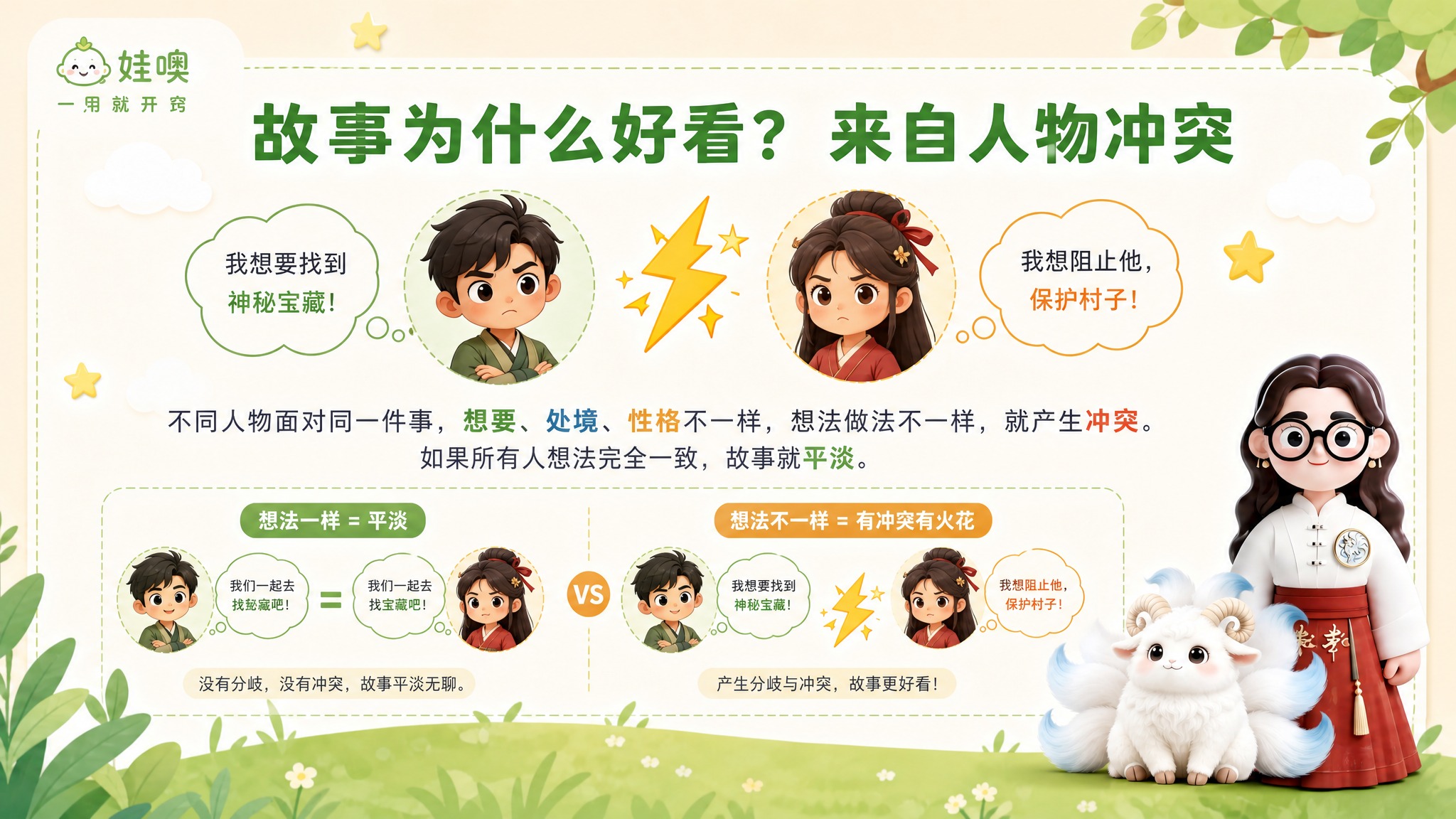 A4横版儿童教育PPT页面，清新杏色和绿色可爱风格，与第3张参… - 图片创意预览
