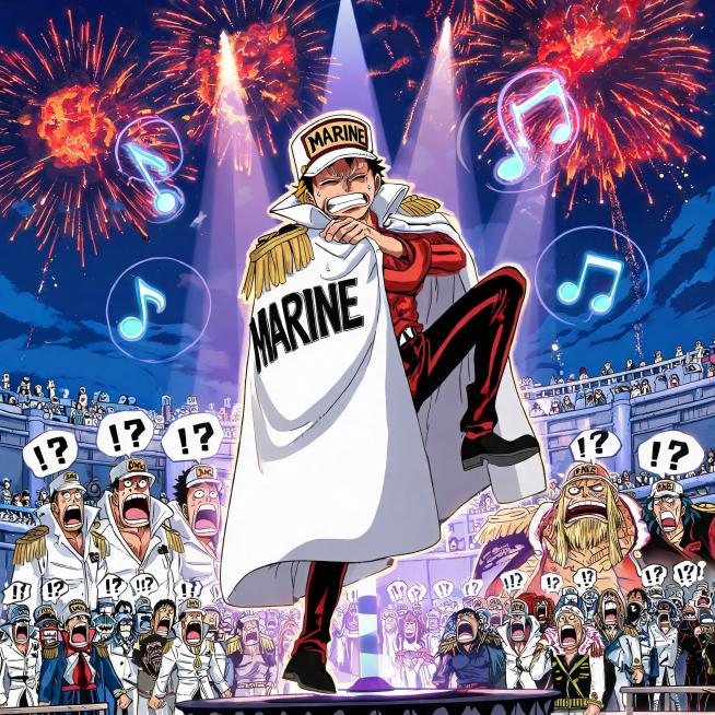 海贼王风格漫画海报，场景是马林梵多夜空下的全息投影大舞台，天空中岩浆巨炸成暗红色烟花，随着节拍闪烁，核心人物赤犬穿着白大衣戴着海军帽，跳着妖娆舞蹈：花魁步高抬腿，胸前交叠手，妖娆扭腰加蝴蝶步，表情脸憋预览效果