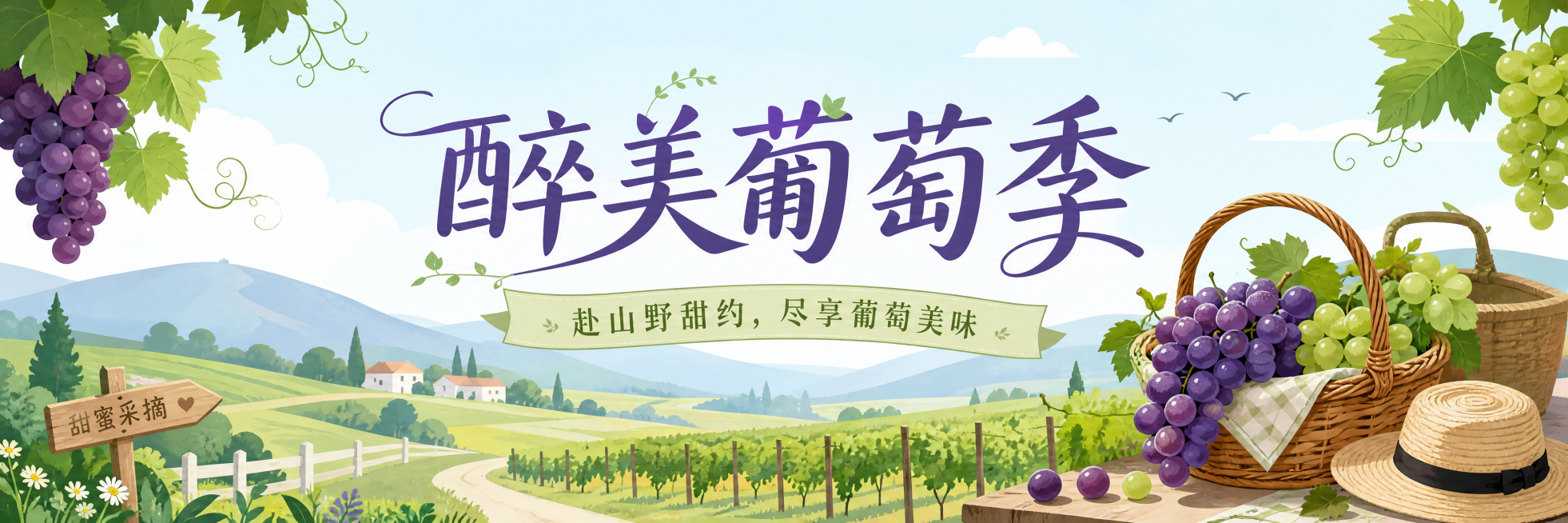 制作田园风扁平素材葡萄主题海报，主文案为醉美葡萄季，小字装饰赴山野甜约，尽享葡萄美味，整体配色清新自然，搭配葡萄田园装饰素材，风格简约大气预览效果