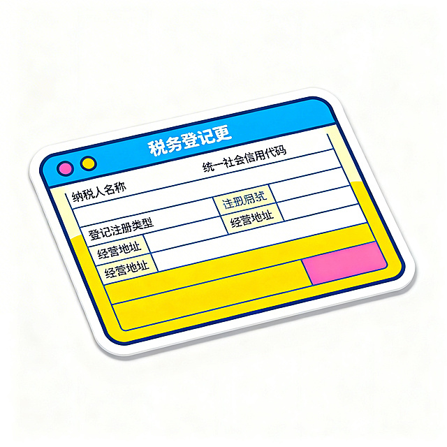 卡通可爱风格贴纸，展示企业其他信息变更场景，更新税务登记表格上的各类信息，扁平化设计，明亮配色，适配信息配图使用，画面干净简洁