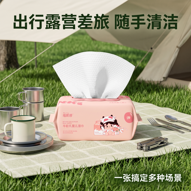 [主图 7] 维妮香湿巾户外出行场景适配。氛围风格：实用主义露营风；画质：商业摄影质感，光线柔和通透，产品清晰真实，画面干净高级；元素：户外露营草地上，野餐垫上放置着维妮香湿巾包，旁边搭配露营餐具和天预览效果
