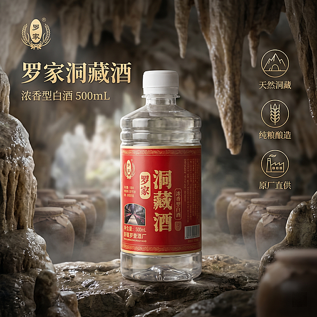 [单张主图] 罗家洞藏浓香型白酒，高级氛围感主图，展示正宗古法洞藏好酒品质。
[画面主体] 单瓶罗家洞藏酒居中展示，产品整体完整清晰，占画面50%左右。保持产品外观、物理结构、透明瓶身材质、红白金色标签配色与输入产品图绝对一致，保持瓶身上原有所有文字内容不变、文字清晰可辨，杜绝任何变形、色差和文字错乱，精细化处理。
[构图版式] 采用原生成分型版式，产品融入天然山洞藏酒环境，产品仍为视觉主体，环境元素不遮挡瓶身标签。
[场景元素] 背景自然溶洞藏酒环境，洞内隐约可见酒坛排列，天然钟乳石纹理，湿润空气带轻雾感，整体氛围天然古朴，突出洞藏特色。浅景深虚化背景，重点突出酒瓶主体。
[文案版式] 左上角安全区提取原品牌Logo"罗查"，保持原字形和配色不变。主标题放置左上自然留白区域，大字为"罗家洞藏酒"，粗体金色；下方小字补充"浓香型白酒 500mL"，浅棕色，字重较轻。右侧三个轻图标卖点：天然洞藏、纯粮酿造、原厂直供，线稿金色图标配浅棕色文字。
[光影质感] 主光为溶洞柔和散射光，从左前方照射，突出透明瓶身的通透质感和标签的纹理；辅光为右侧环境漫反射补光，消除硬阴影；瓶身有自然高光反射，底部带柔和投影，整体画面清晰通透，质感高级。
[配色字体] 主色为天然溶洞浅灰色调，辅助色提取标签红色和金色，整体低饱和、高级古朴。字体主标题用粗体宋体，卖点文字用轻无衬线，字重对比清晰。
[比例分辨率] 1:1 比例，2K分辨率，文字清晰可辨，超高清。
[负向提示词] 变形，水印，文字错乱，产品图模糊，背景杂乱，遮挡主体，错字，伪Logo，错误结构