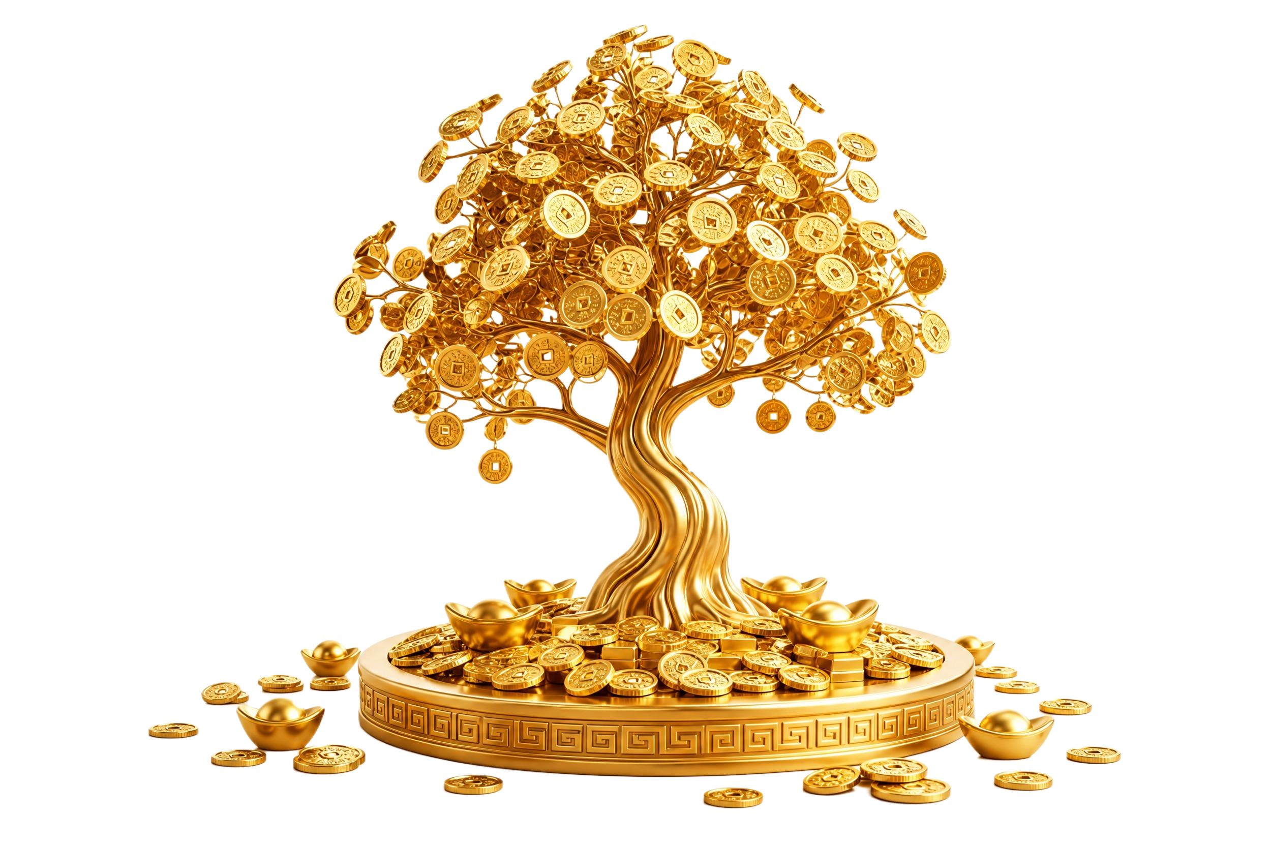 3D渲染的金色发财树摇钱树，纯金色金属质感，树干扭曲盘旋造型优… - 图片创意预览