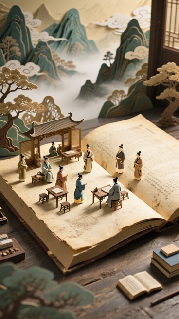 巨型泛黄书页平铺打开，上面是立体的古代学堂剪纸，背景是立体国风山水剪纸。预览效果
