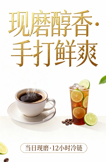帮我制作一个图片，主题是：现磨咖啡☕️，手打柠檬茶，要有产品同时还要展示卖点，画面高级吸引人 突出主题 字体吸引人高级  ，尺寸38宽58.1高，主题文字大些产品小些预览效果