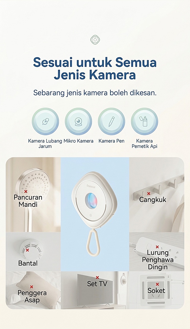 基于原图结构，沿用之前的设计风格，整体调性：低饱和色调，米白/浅灰/奶咖搭配浅蓝浅绿，干净居家小清新风格，马来简约家居温馨风，干净高级构图，柔和暖光光影，不刺眼，使用黑体字体，标题为"Sesuai untuk Semua Jenis Kamera"，文案为"Sebarang jenis kamera boleh dikesan."，展示产品可检测多种类型摄像头和常见隐藏位置，保持原图布局，更换排版和色系，文字全部翻译为马来语言