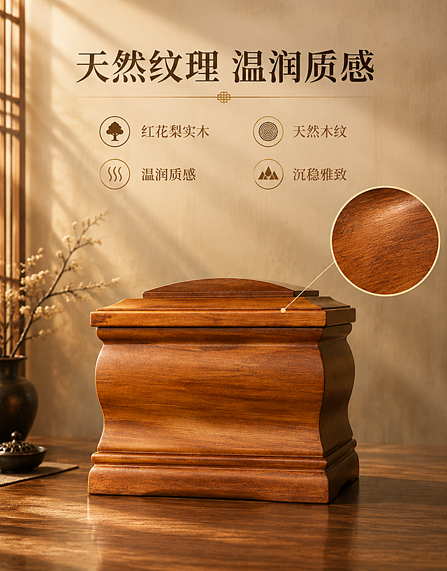 [主图-2] 红花梨实木材质展示（竖版），突出天然木纹与温润质感。
[统一基调] 中式温润典雅风格，暖棕黄金色调为主，浅木色背景搭配暖金色光影，温润庄重。字体采用宋体/衬线体，标题深棕色，辅助文字浅棕色，强调色用暖金色。整体氛围肃穆温暖。
[画面] 产品端面木纹展示，竖版构图中产品居中偏下，占画面约50%。上方为材质说明文字区域。背景为浅棕色木质纹理背景，简洁不抢主体。画面右侧用圆形放大镜效果放大展示木纹细腻质感。
[光影质感] 柔和侧上方光打在木材表面，凸显木纹的深浅变化与天然纹理走向，木材表面有温润的漆面光泽，高光柔和不刺眼，阴影过渡自然。
[配色] 红花梨天然浅棕黄金色为主，背景浅棕色，文字深棕+暖金点缀。
[文字版式] 上半部分信息区，主标题"天然纹理 温润质感"大字居中，下方分四点两列排列："红花梨实木""天然木纹""温润质感""沉稳雅致"，每项前加小图标。文字排版整齐，字号层级分明，竖版空间利用充分。
[输出要求] 790×1000像素竖版，木纹清晰可见，产品颜色与原图一致不变色，文字清晰。负向：变形、模糊、色差、木纹失真、颜色过艳。