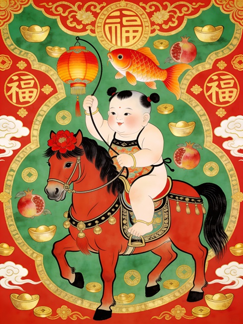胖娃娃骑着戴红花的马，手持鲤鱼灯笼，周围布满元宝、石榴、福字，喜庆可爱，背景大红配大绿预览效果