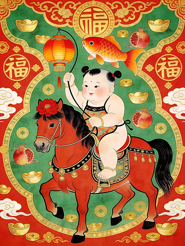 年画娃娃骑马