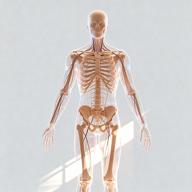 人体全身全息投影（包含血管、骨骼），人体颜色为#b49269，半透明，以浅灰色为背景，未来主义抽象艺术，极简风格，科技感，光影反射，画面不要出现文字