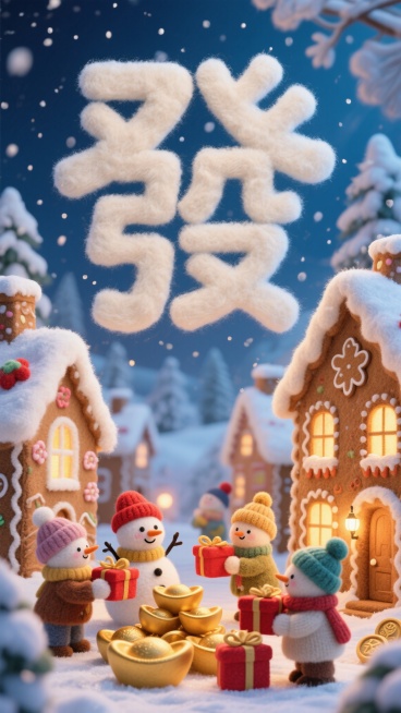 一个童话般的雪景小镇，画面中有巨大的由雪花组成的“發”字，房子和街道都是蓬松的姜饼和蛋糕做的，居民是各种戴着针织帽的毛绒元宝，它们正在堆元宝形状的雪人、交换红色的礼物盒，温暖的灯光从窗户里透出来，整个预览效果
