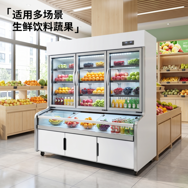 [主图 4] 商用场景效果展示；[氛围风格] 真实商用场景，自然实用；[画质] 商业摄影质感，产品清晰真实，画面干净高级；[元素] 三门展示柜放置在干净明亮的超市生鲜区或水果店店内场景，保持产品本身外预览效果
