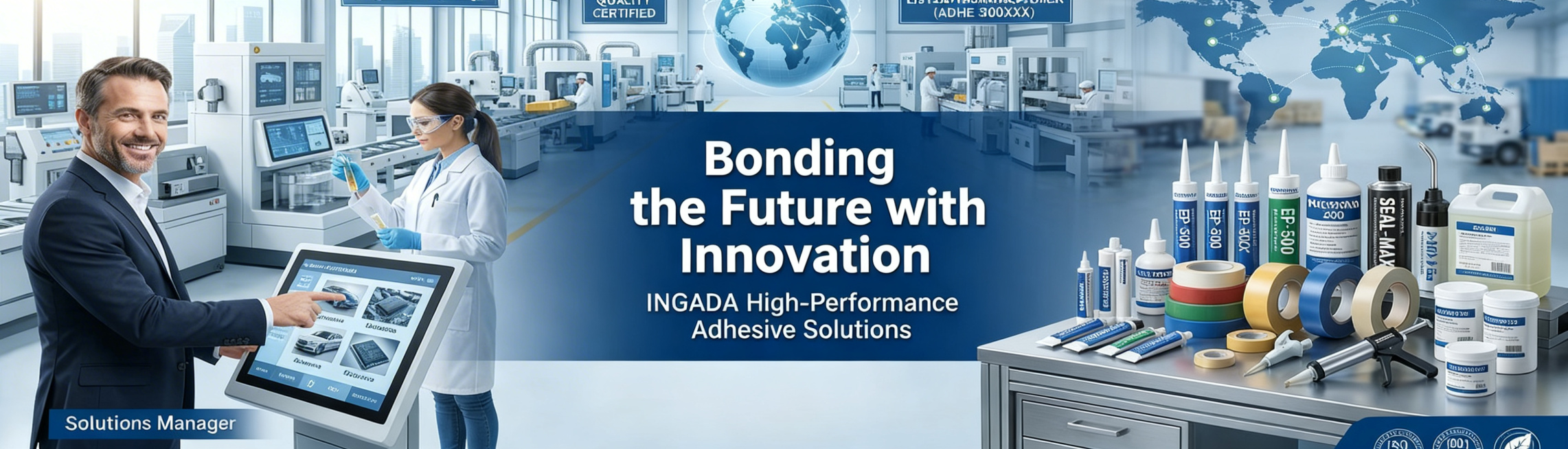将图中主标题替换为"Bonding the Future with Innovation"，副标题替换为"INGADA High-Performance Adhesive Solutions"，保留画预览效果