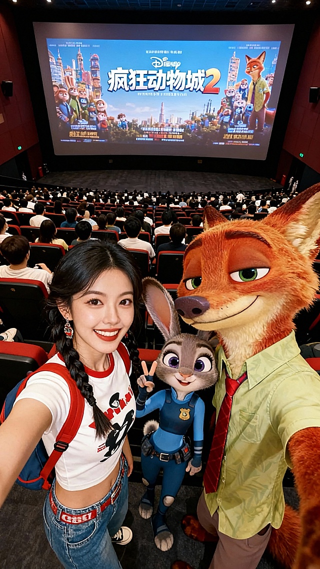 请将图1和图2的人物融合成一张俯拍自拍照，画面构图紧凑，主体靠得很近，头部略微上仰，眼神直视镜头，营造出强烈的视觉冲击力，背景为超大电影院坐满了观众，三人背对银幕，银幕显示《疯狂动物城2》电影精美海报填满屏幕。