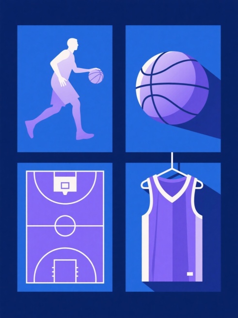 极简扁平风格篮球主题系列海报，纯色背景，四个等大规整排布的方形区域，每个区域包含不同篮球元素：左侧上方为运球的篮球运动员侧影，下方为俯视视角的篮球场标准示意图，右侧上方为立体效果的篮球特写，下方为悬挂的篮球球衣正面展示。整体采用蓝紫色调，主色为深蓝色背景，元素用浅紫色、白色线条勾勒，保持简约几何图形感，无阴影，色块分明，线条流畅，无任何文字和装饰元素。预览效果