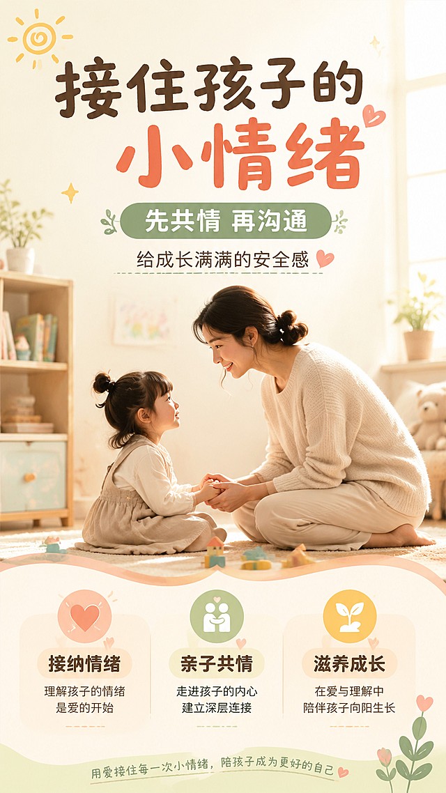 温暖治愈简约清新风格的亲子育儿知识海报，9:16竖版，整体色调柔和温暖。画面主视觉是温馨的亲子互动场景，妈妈温柔蹲下来陪伴孩子。主标题文字"接住孩子的小情绪"，副标题文字"先共情 再沟通"，装饰文案"给成长满满的安全感"，卖点文字分别为"接纳情绪" "亲子共情" "滋养成长"，所有文字清晰可读，排版分区合理，版式精美，背景采用柔和浅色调，营造温暖安全的氛围，顶部自然光，画面层次清晰，分辨率4K