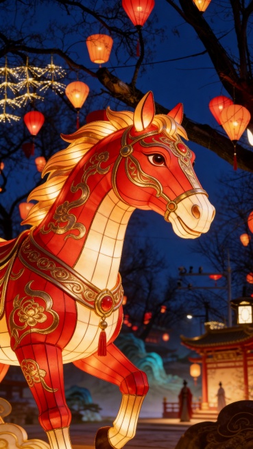 「图片1」参考这张图的配色、滤镜，帮我生成一个9:16的近景“马”形象的花灯。8k，极致细节，凡人修仙传国风场景，融合数字艺术预览效果