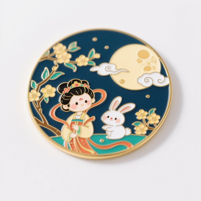 金边珐琅金属冰箱贴，中国风，嫦娥可爱版、桂花、兔子、月亮，全景预览效果