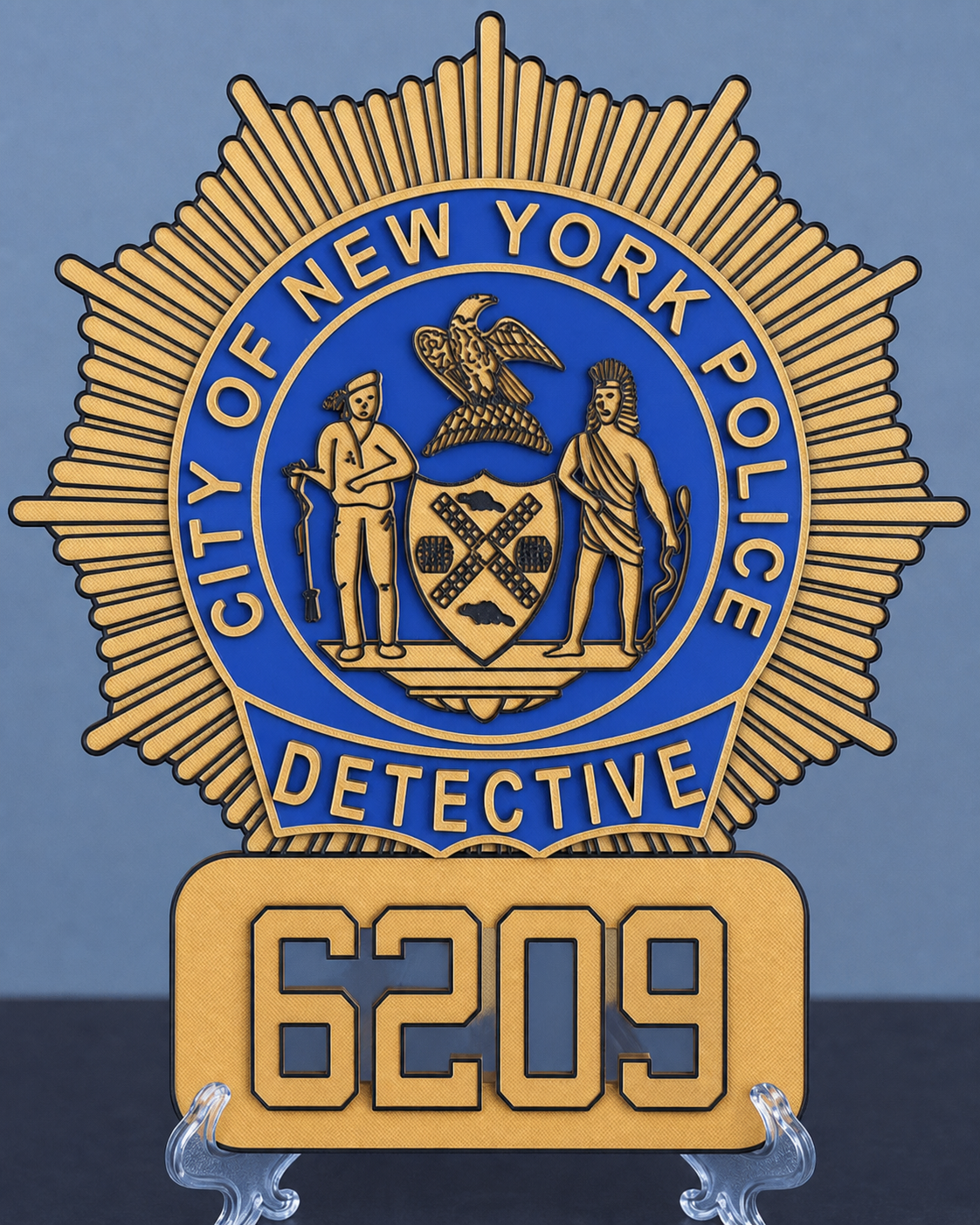 将这张纽约警察局侦探徽章摆件的照片校正为完全正面平视视角，摆正… - 图片创意预览