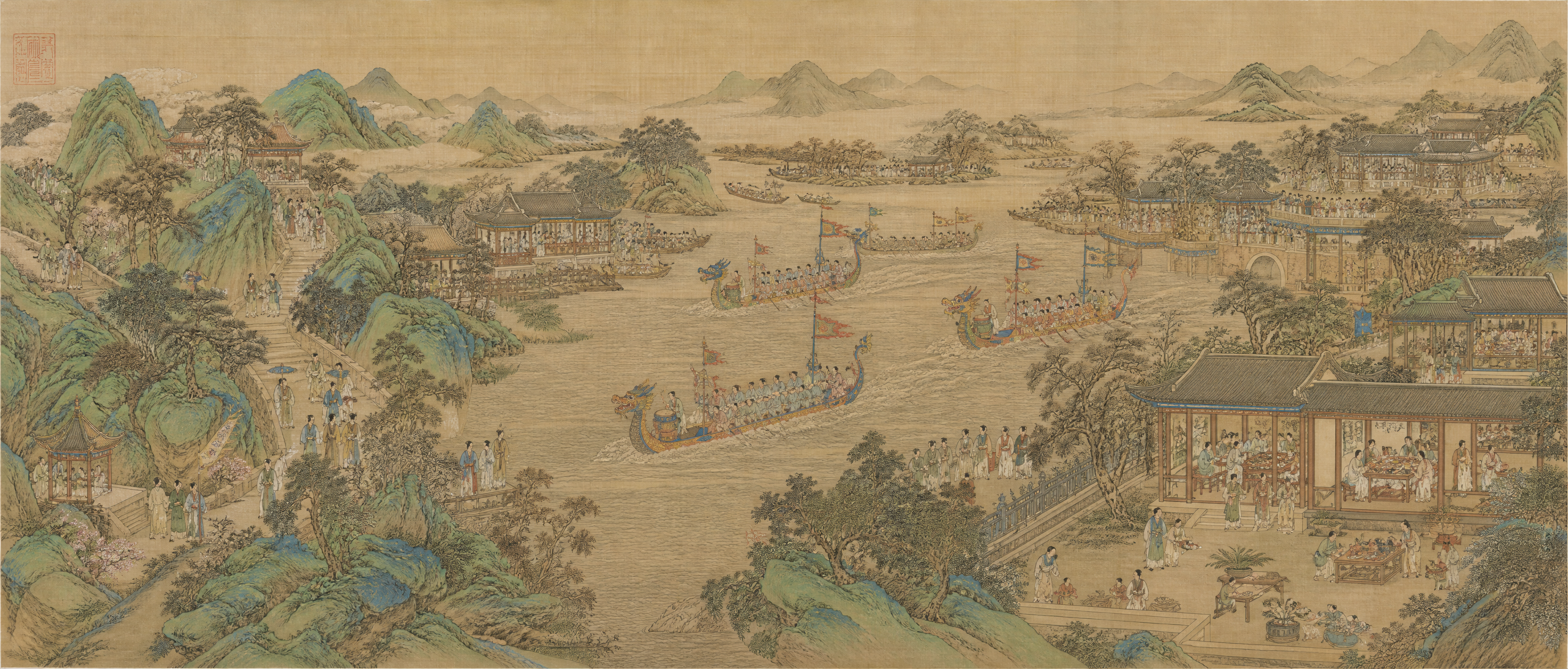 画面描绘端午节龙舟竞渡盛况，山水亭台间古船飞驰，岸边人群围观热… - 图片创意预览