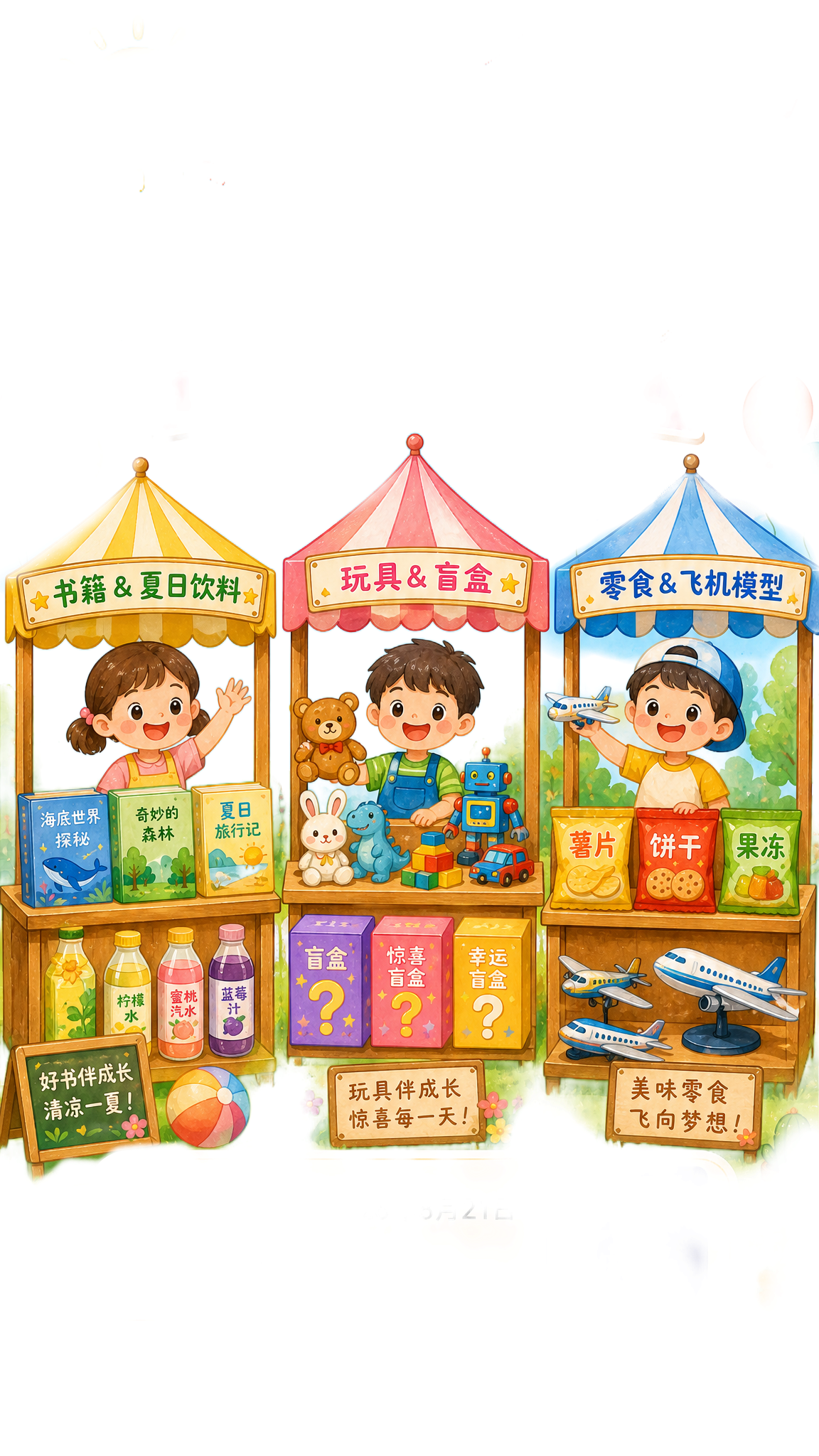 基于参考图重新设计，恢复多个小摊位和小朋友摆摊的热闹场景，参考… - 图片创意预览